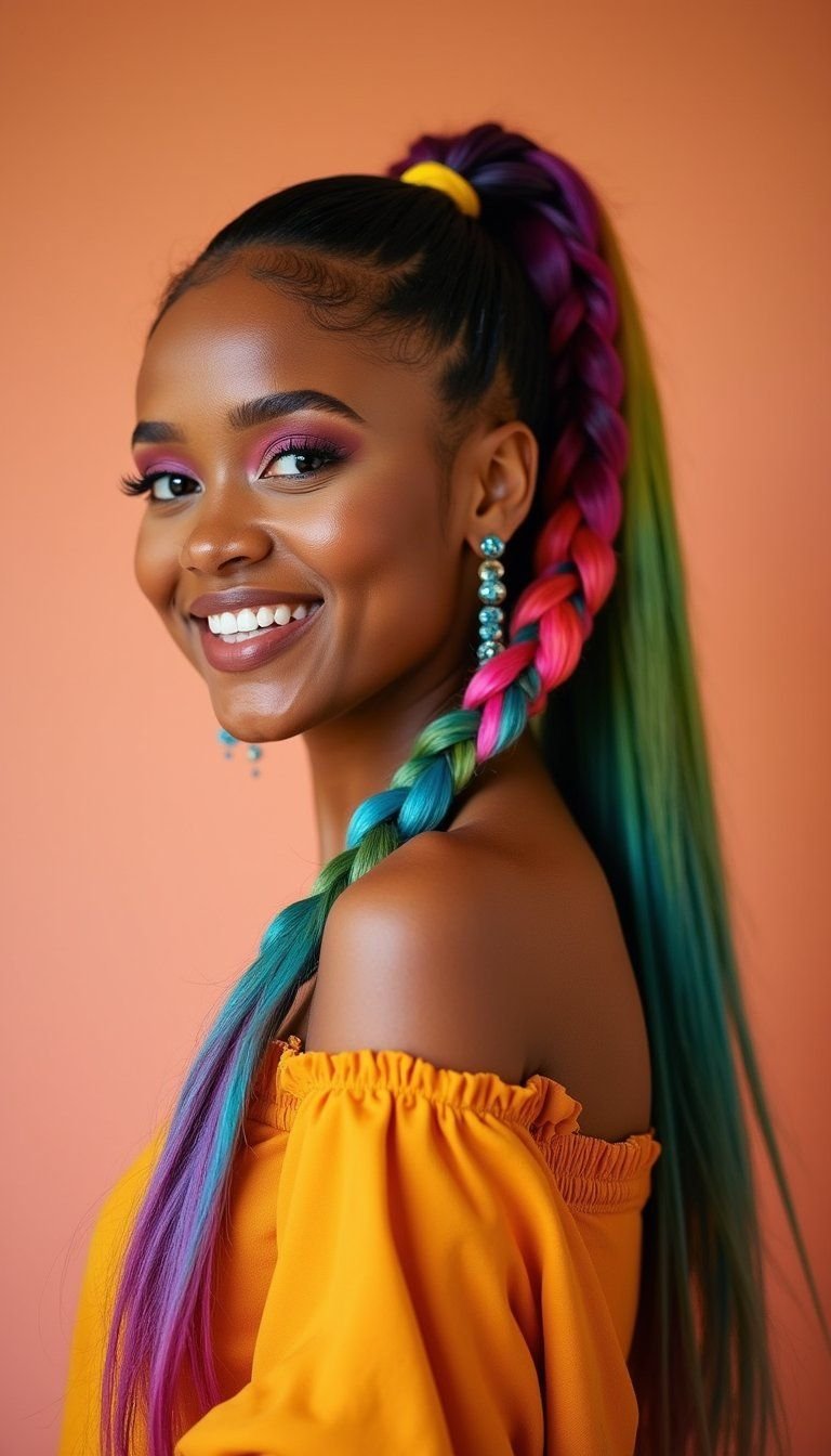 Color-Blocked Cornrow Ponytail With Bold Highlights