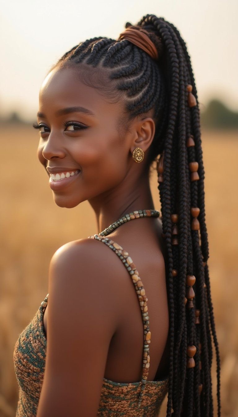 Cornrow Ponytail With Beads And Tribal Accents