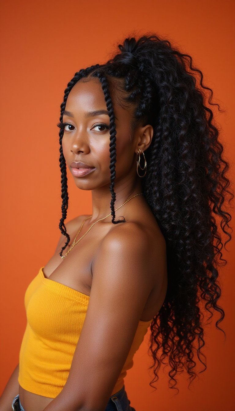 Voluminous Curly Ponytail With Thick Cornrows