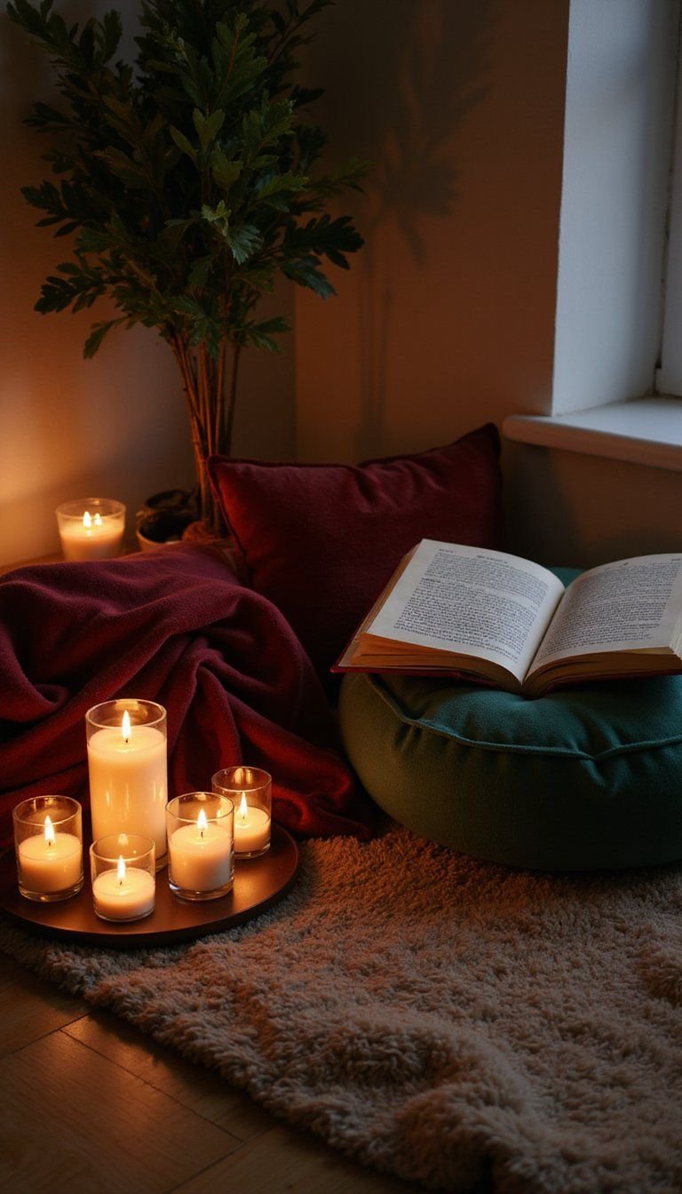 Candlelit Evening Reading Setup With Pillows