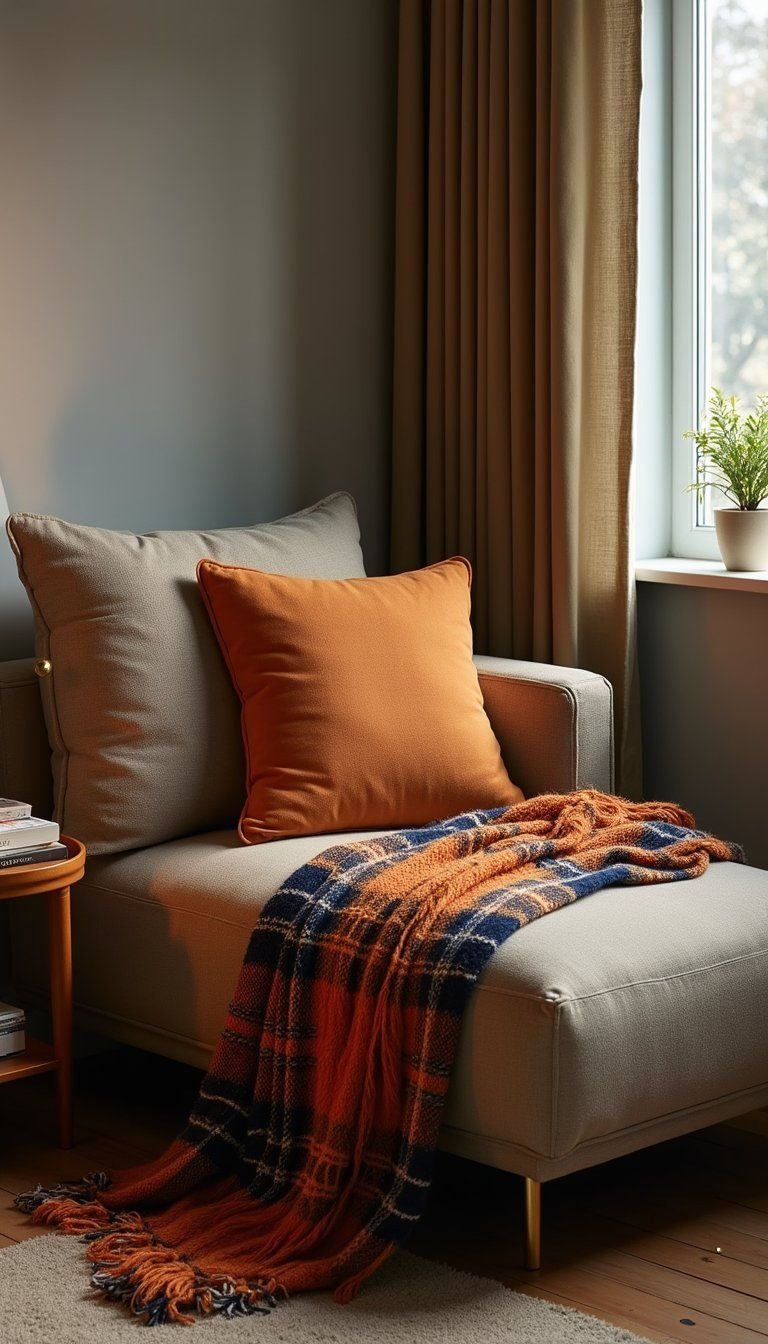 Corner Chaise Lounge With Plaid Throw Accents