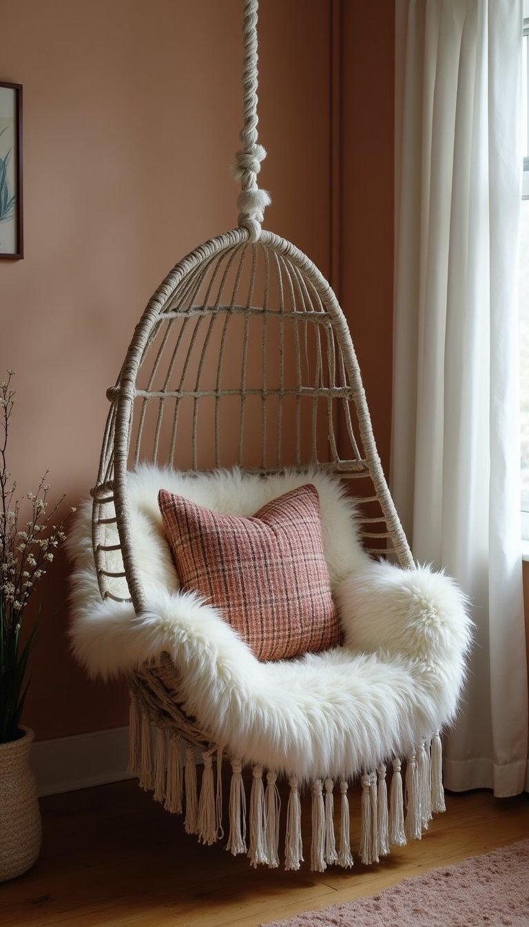 Hanging Swing Chair Draped With Faux Sheepskin