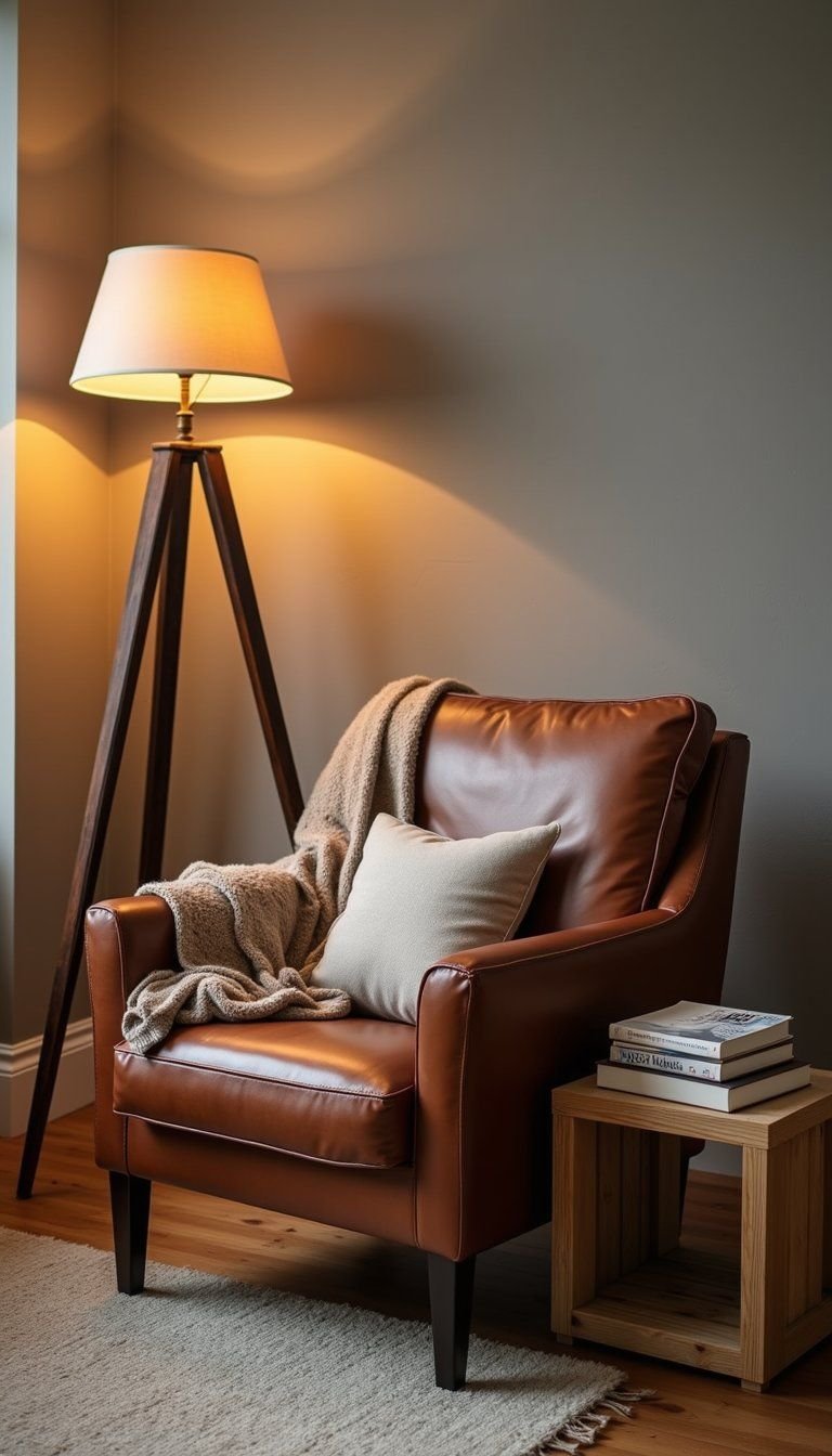 Leather Armchair With Wool Blanket And Lamp