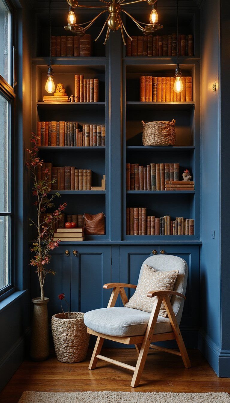 Library Ladder With Warm Accent Lighting