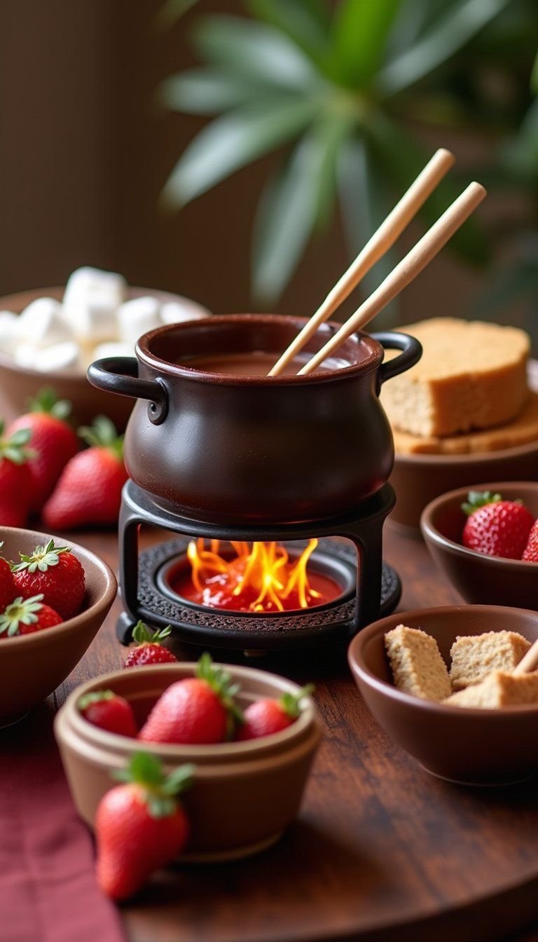 Dessert Fondue Station With Dippers And Warm Chocolate