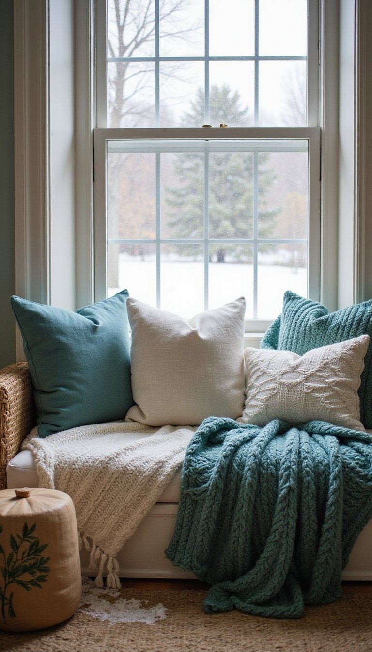Snowy Window Seat Cinema With Layered Throw Pillows