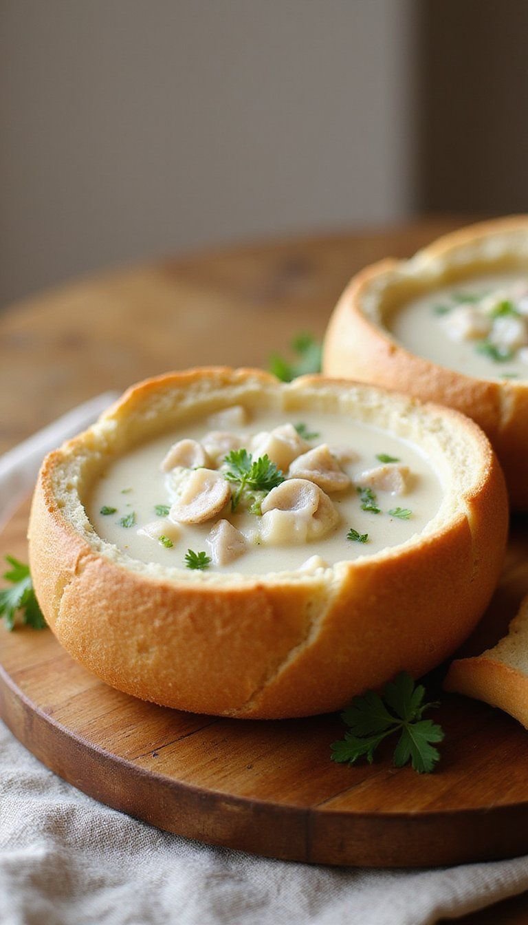 New England Clam Chowder Served In Bread Bowls