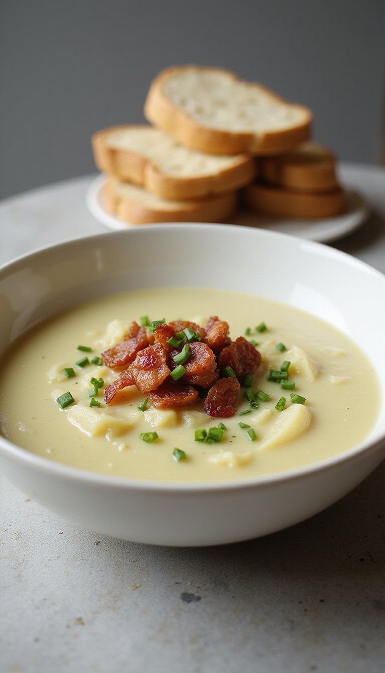 Silky Potato Leek Soup With Crispy Bacon Crumble