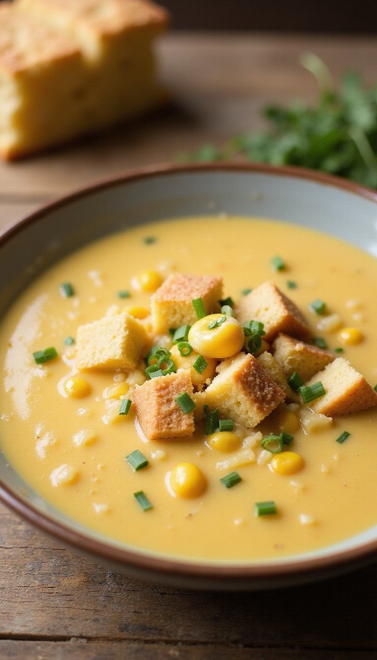 Sweet Corn Chowder With Crispy Cornbread Crumble