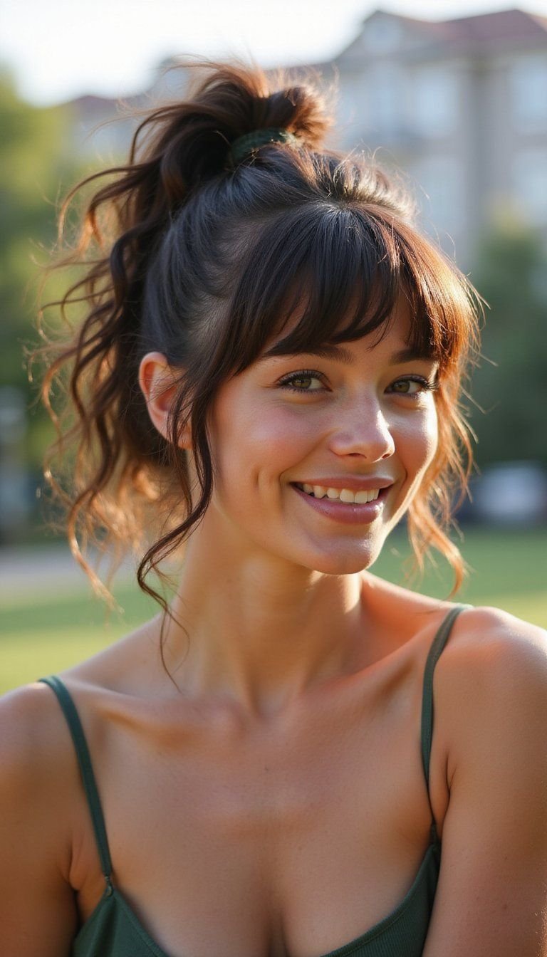 Curly Bangs Styled With High Ponytail