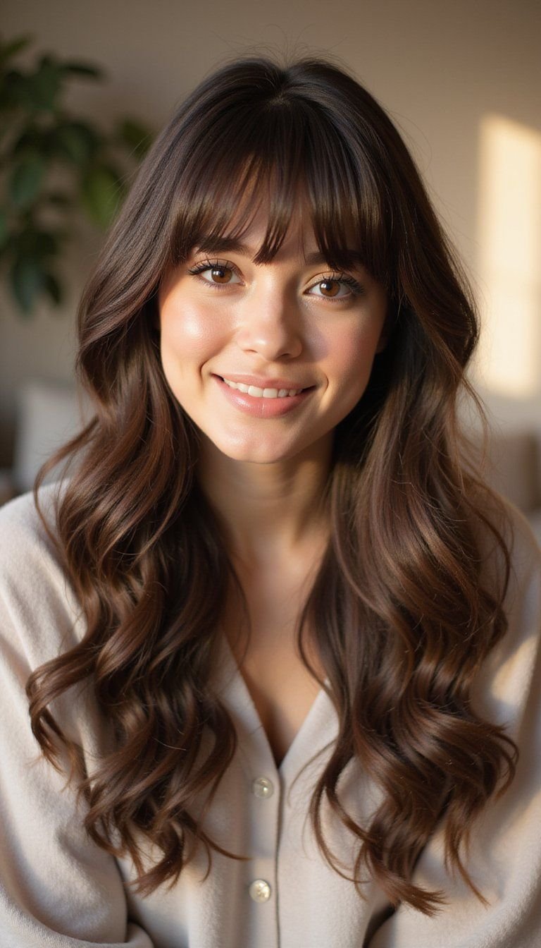 Long Curly Bangs Blended Into Layered Hair