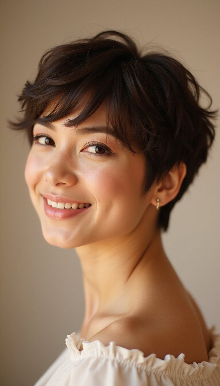 Short Curly Bangs Paired With Pixie Cut