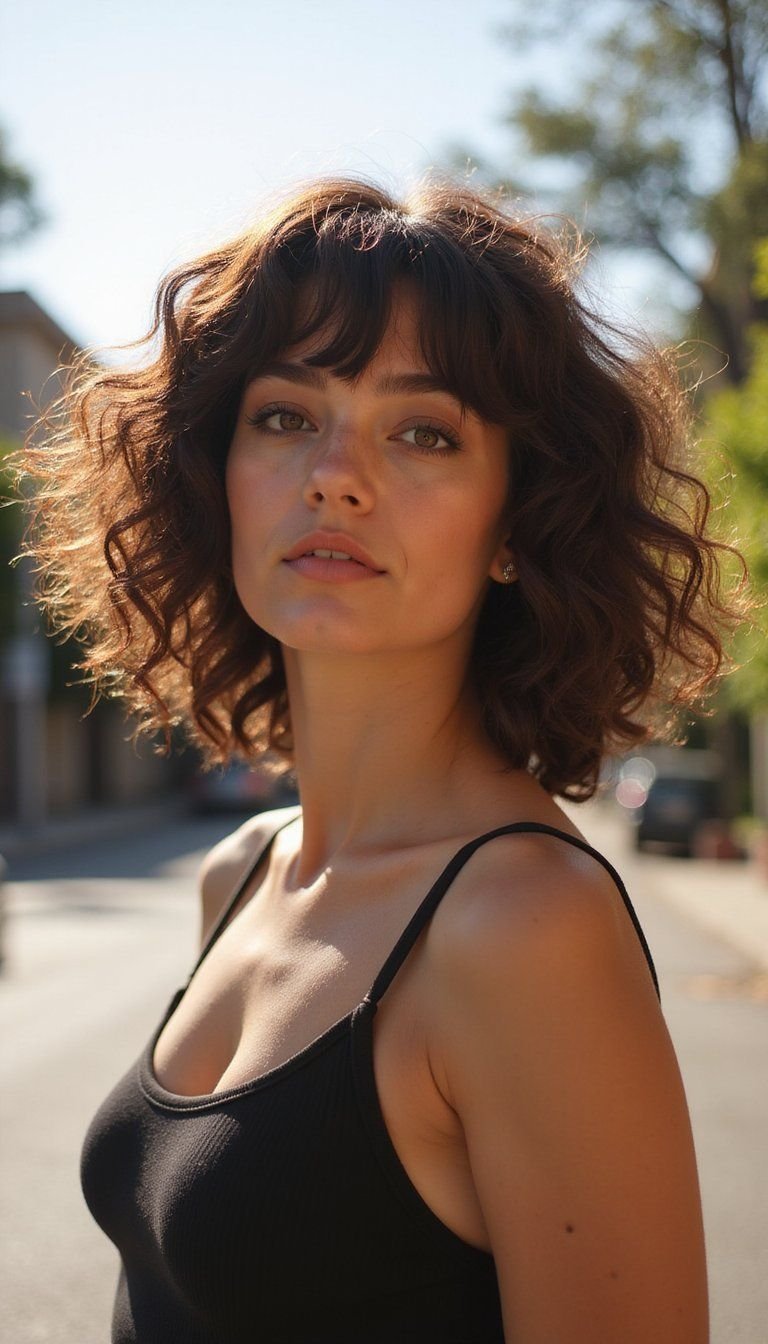 Curly Bob With Wispy Side-Swept Bangs