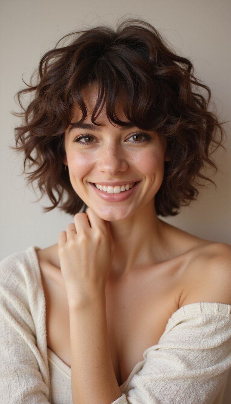 Curly Pixie With Curtain Bangs For Gentle Frame