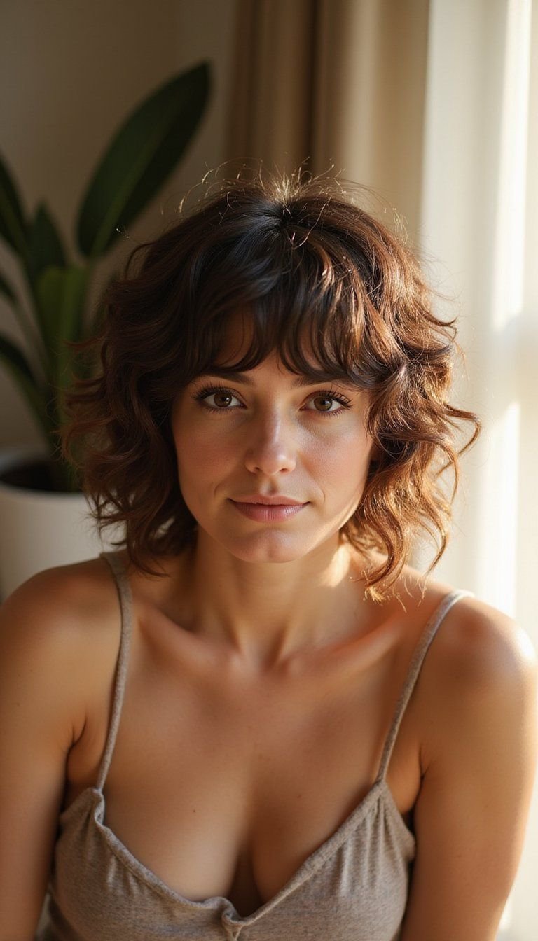 Curly Pixie With Long Side-Swept Fringe For Soft Edges