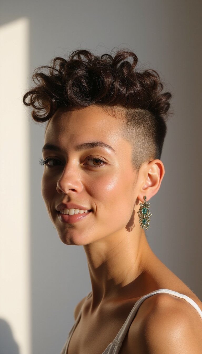 Curly Pixie With Shaved Nape And Soft Top Curls