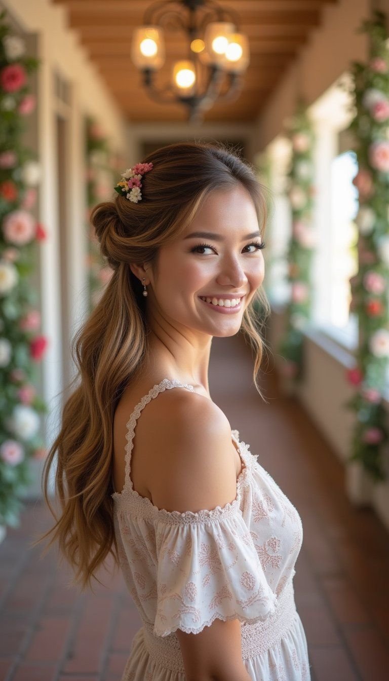 Twisted Low Half Up With Floral Pins