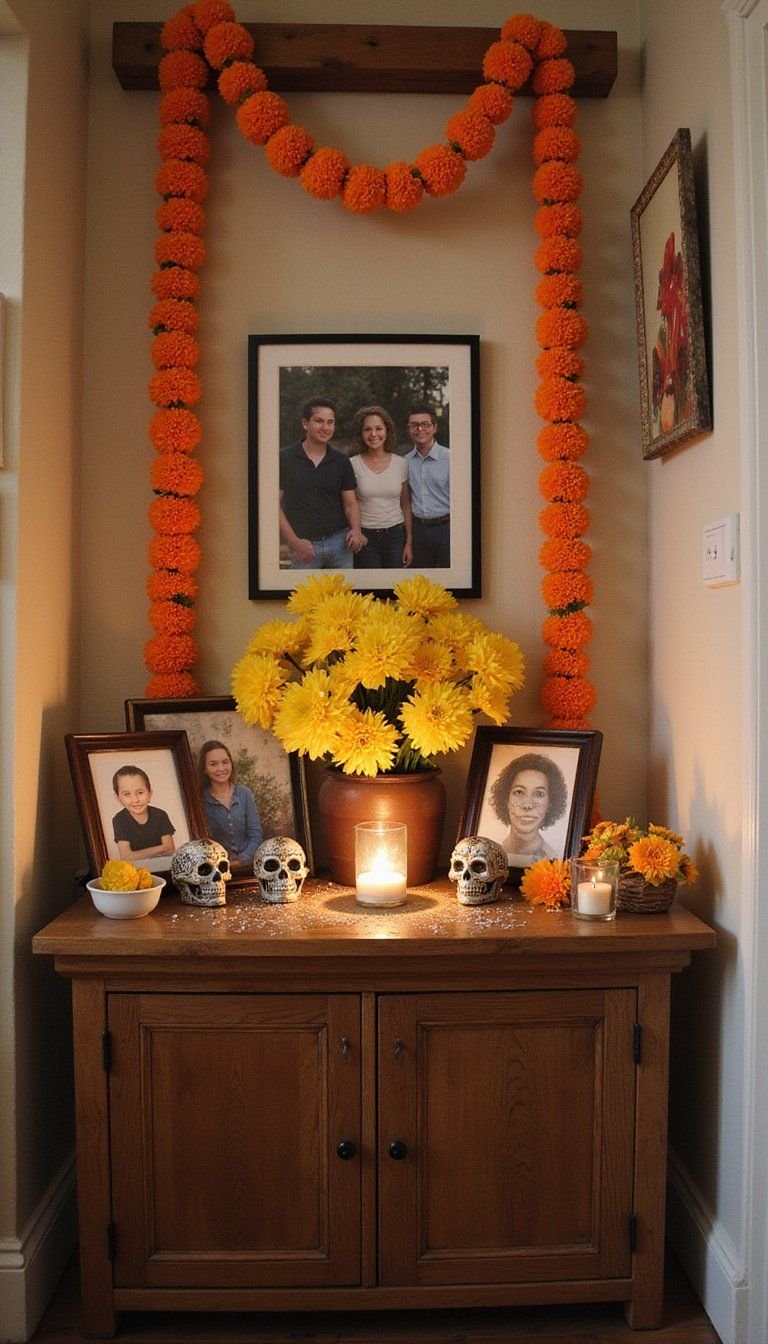 Traditional Marigold-Covered Family Ofrenda Table Display