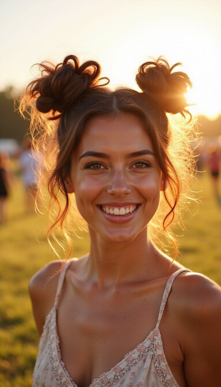 Playful Diffused Curly Space Buns With Flyaways