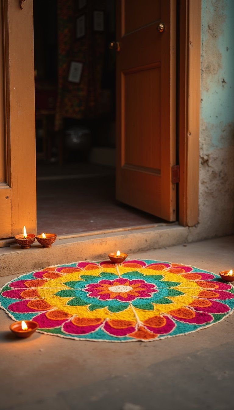 Classic Powder Rangoli With Symmetric Geometric Lines