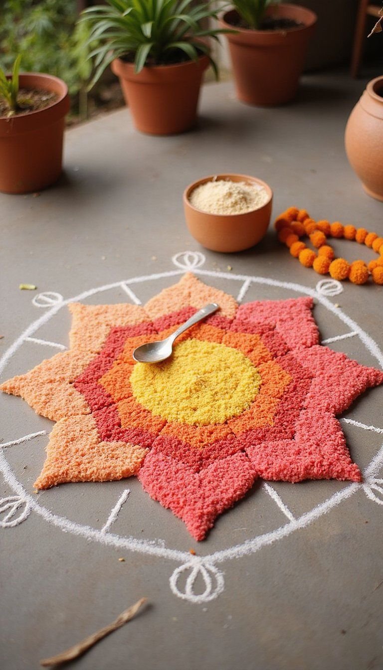 Colored Rice Rangoli With Smooth Ombre Gradient