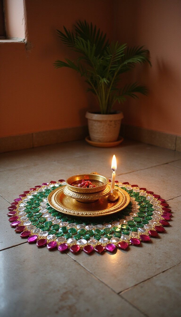Mirror And Metallic Accent Rangoli For Evening Sparkle