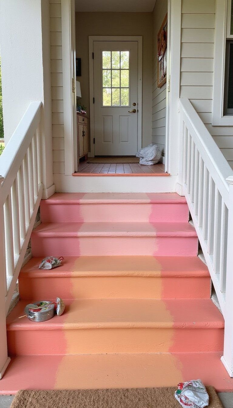 Painted Chalk Ombre Steps Leading To Front Door