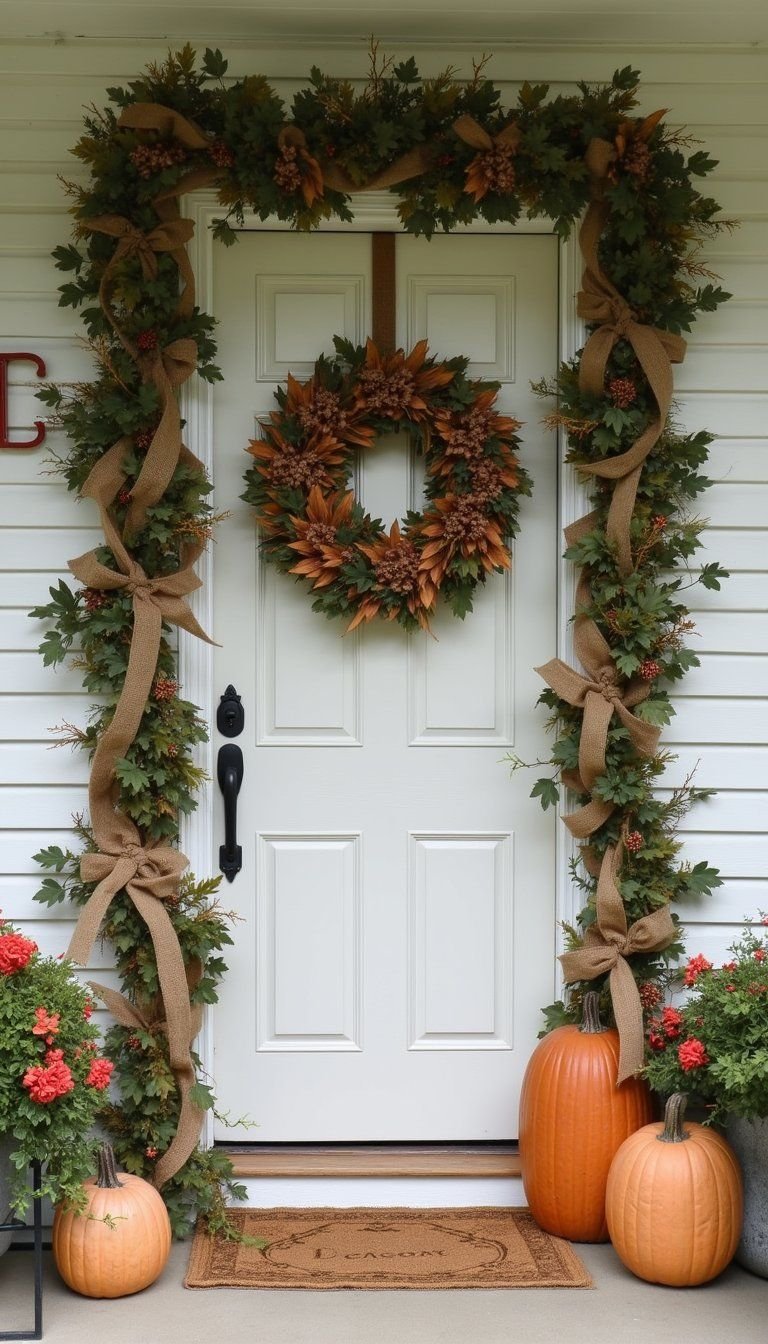 Burlap Ribbon And Leaf Rustic Door Garland