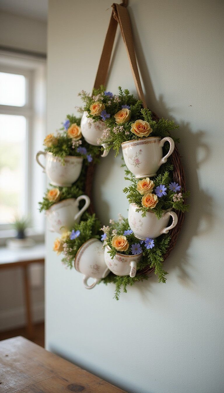 Tea Cup Floral Wreath For Cottage Kitchen