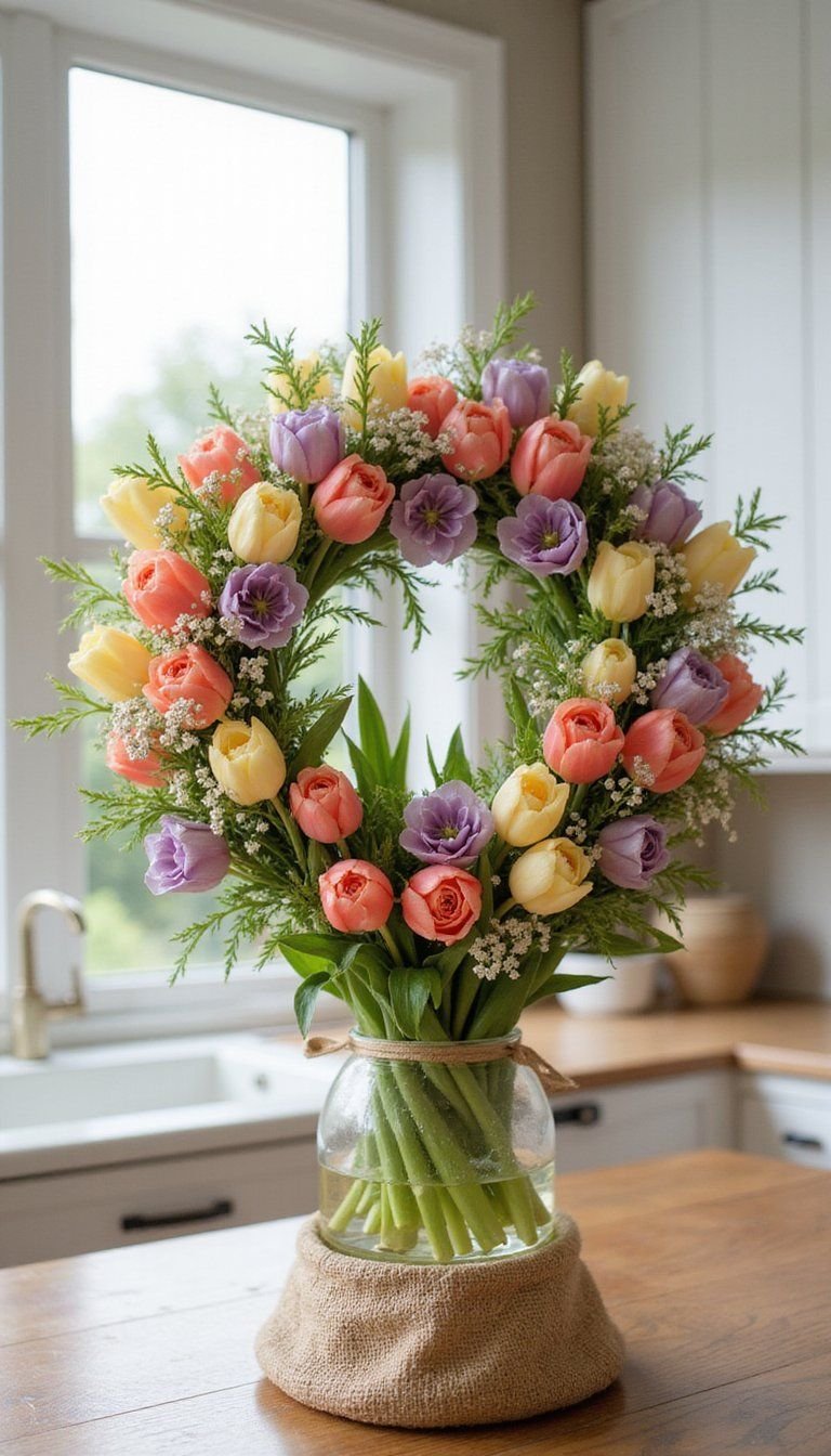 Tulip Cluster Wreath With Burlap Accents