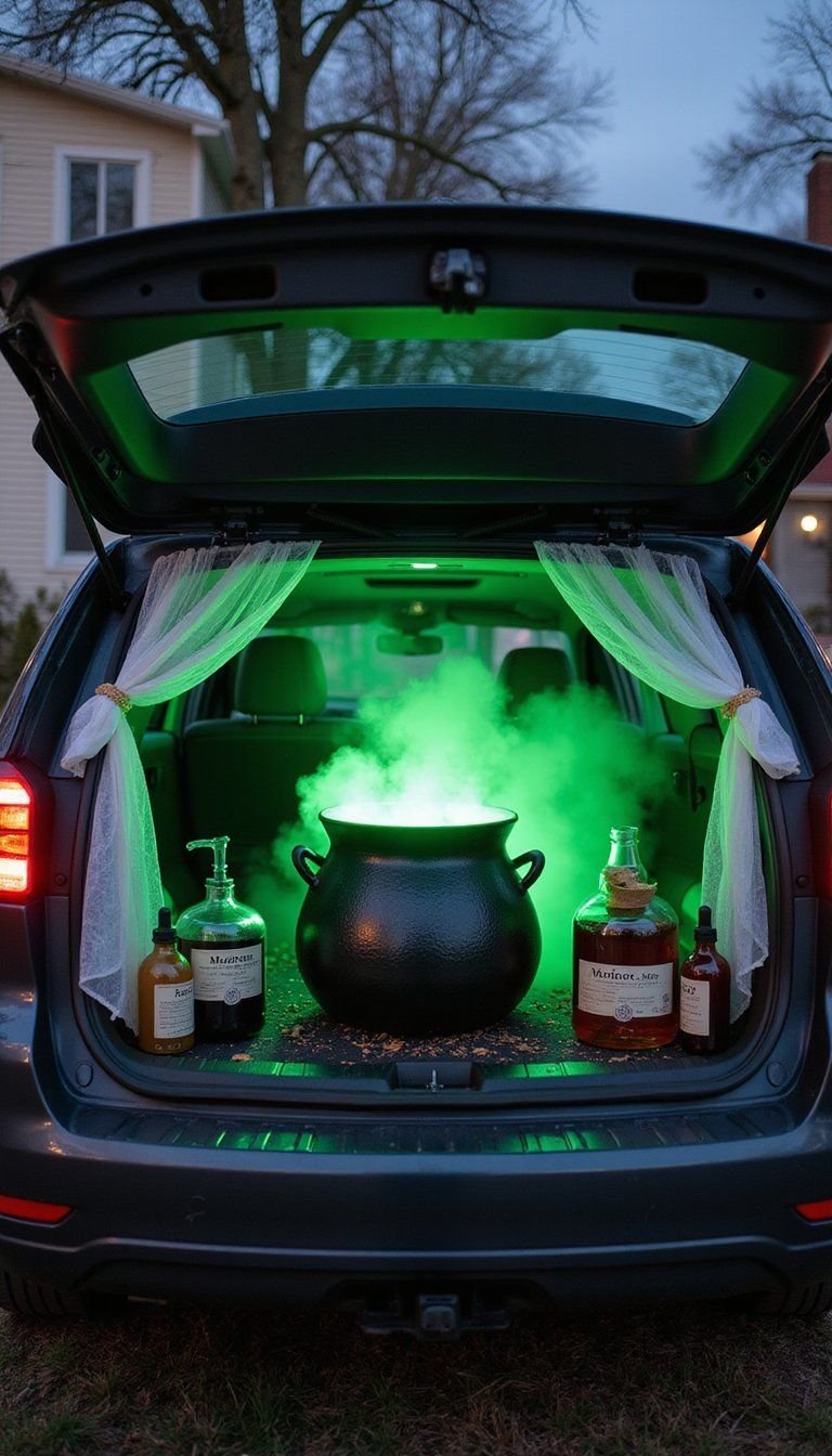 Witch’S Cauldron Lab With Bubbling Potion Bottles