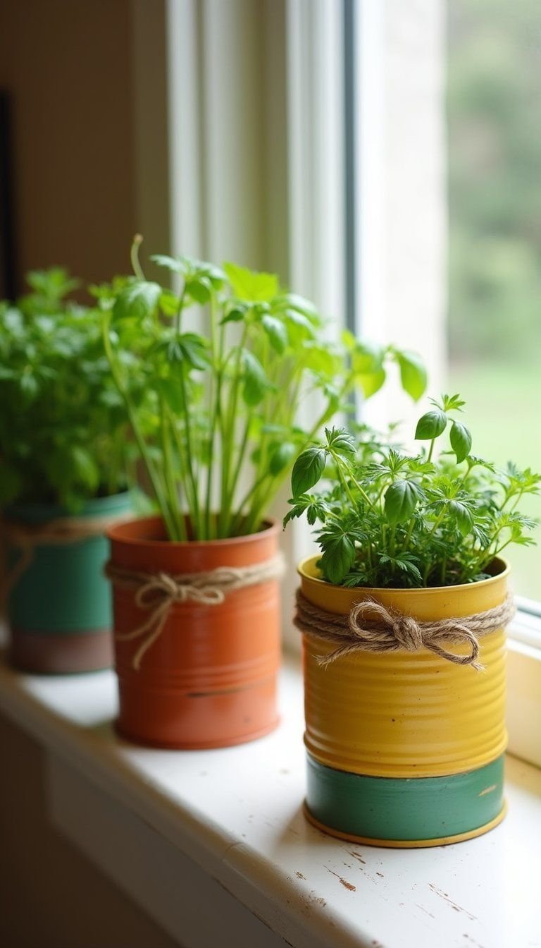 Colorful Tin Can Herb Garden Planters