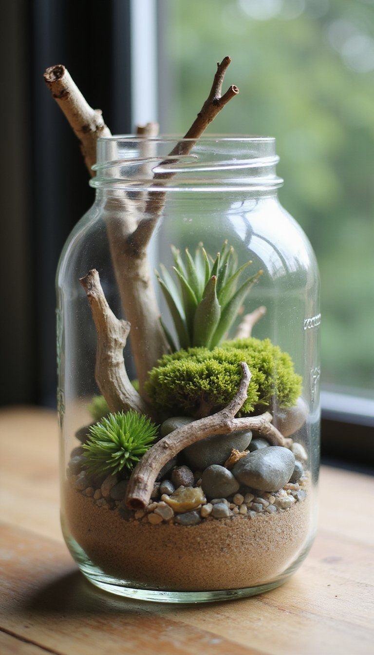 Glass Jar Terrariums With Driftwood Accents