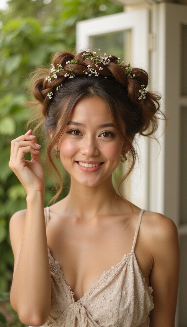Braided Halo Updo With Floral Accents