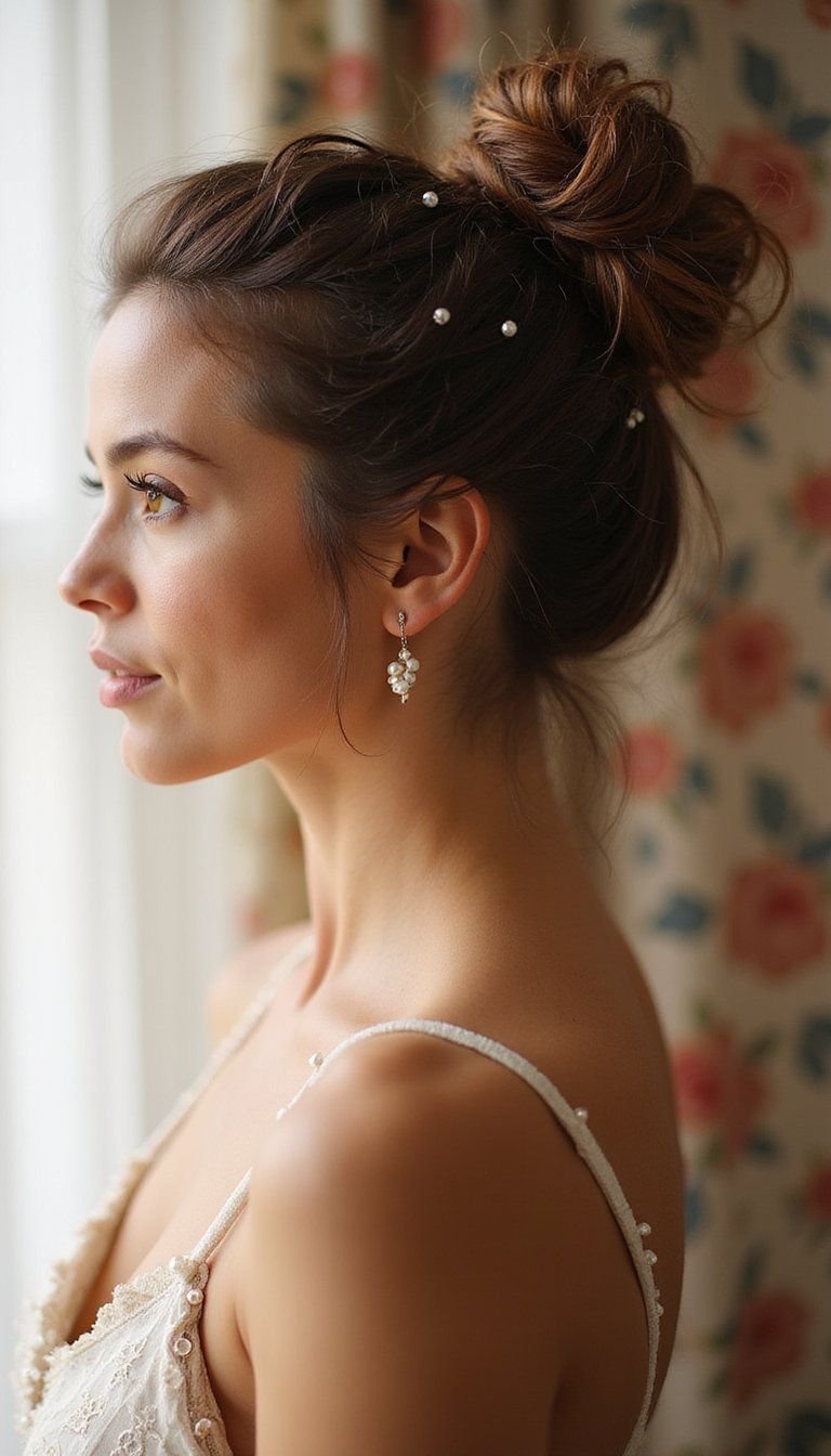 Romantic Messy Bun With Wisps And Pearls