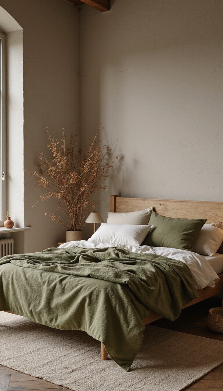 Earthy Minimalist Fall Bedroom With Green Accents