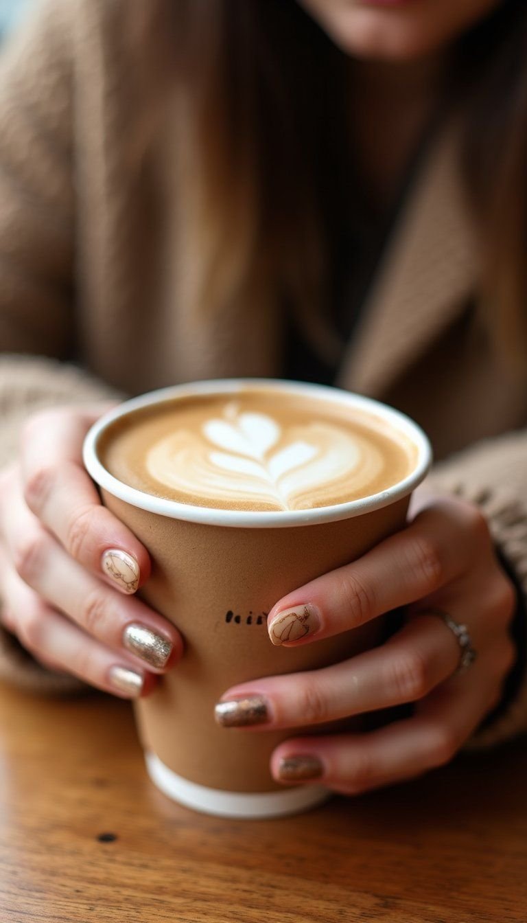 Caramel Latte Marble Swirl Nails With Warm Sheen