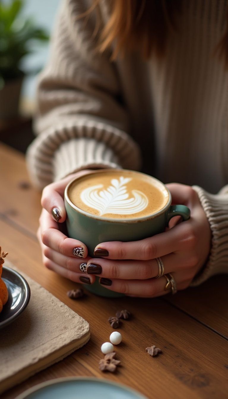 Coffee Stain Art With Marshmallow Accent Nail