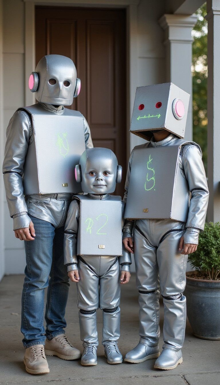 DIY Cardboard Robot Family With Metallic Accents