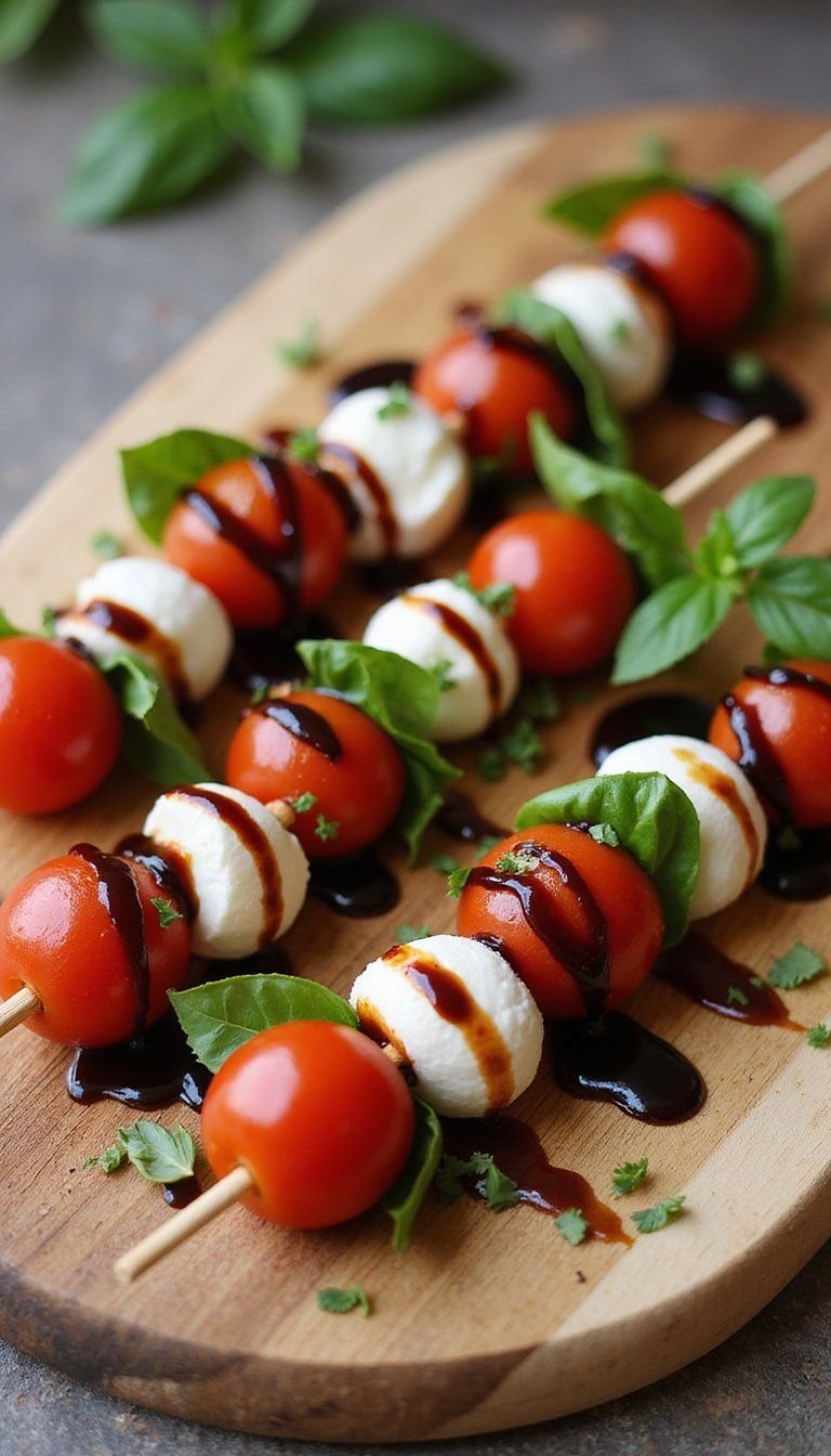 Caprese Skewers With Balsamic Glaze And Olive Oil