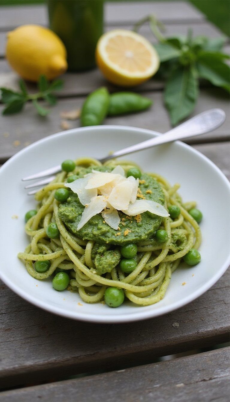 Fresh Basil Pesto Pasta Tossed With Sweet Peas