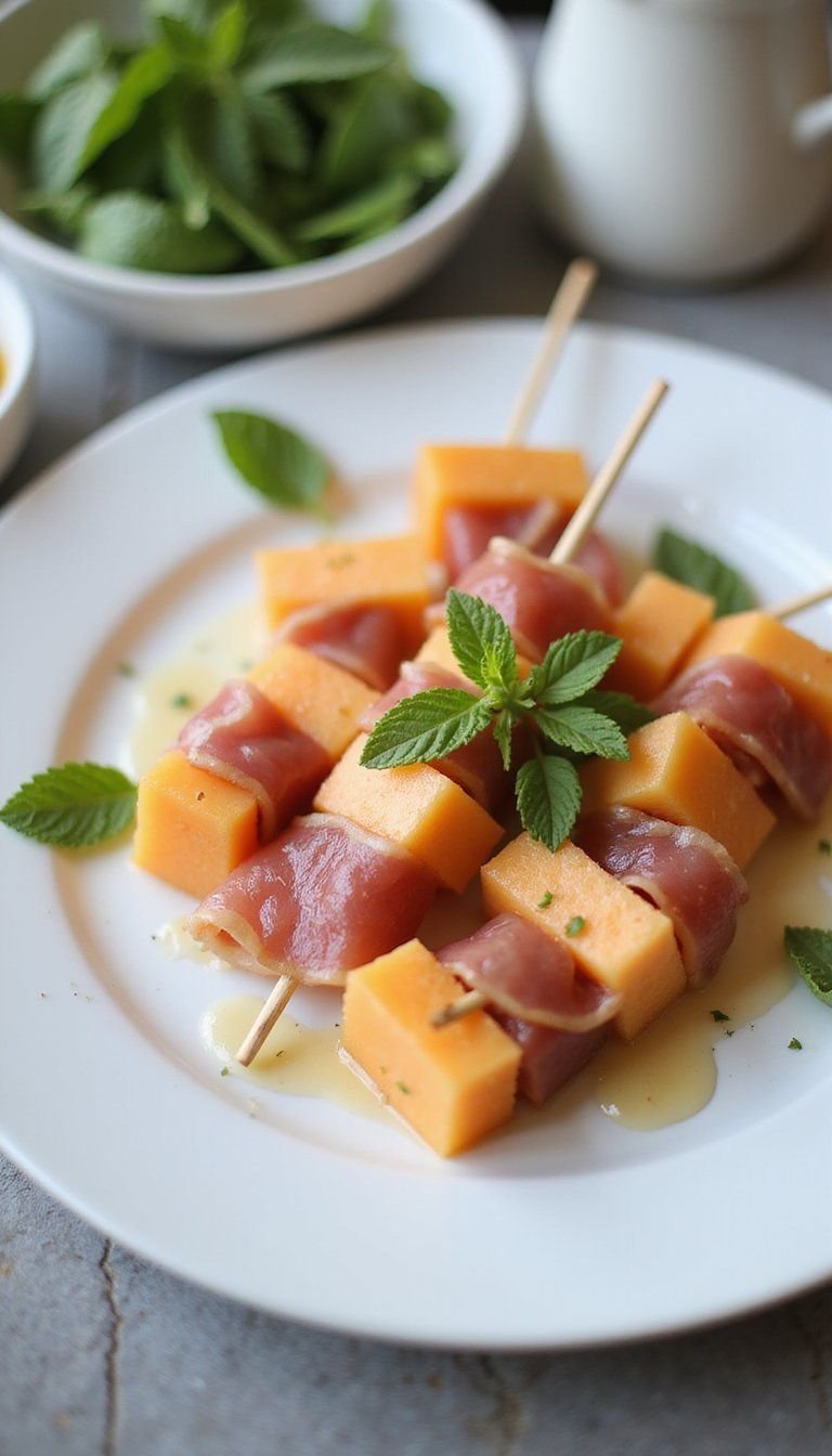 Melon Prosciutto Skewers With Mint And Honey