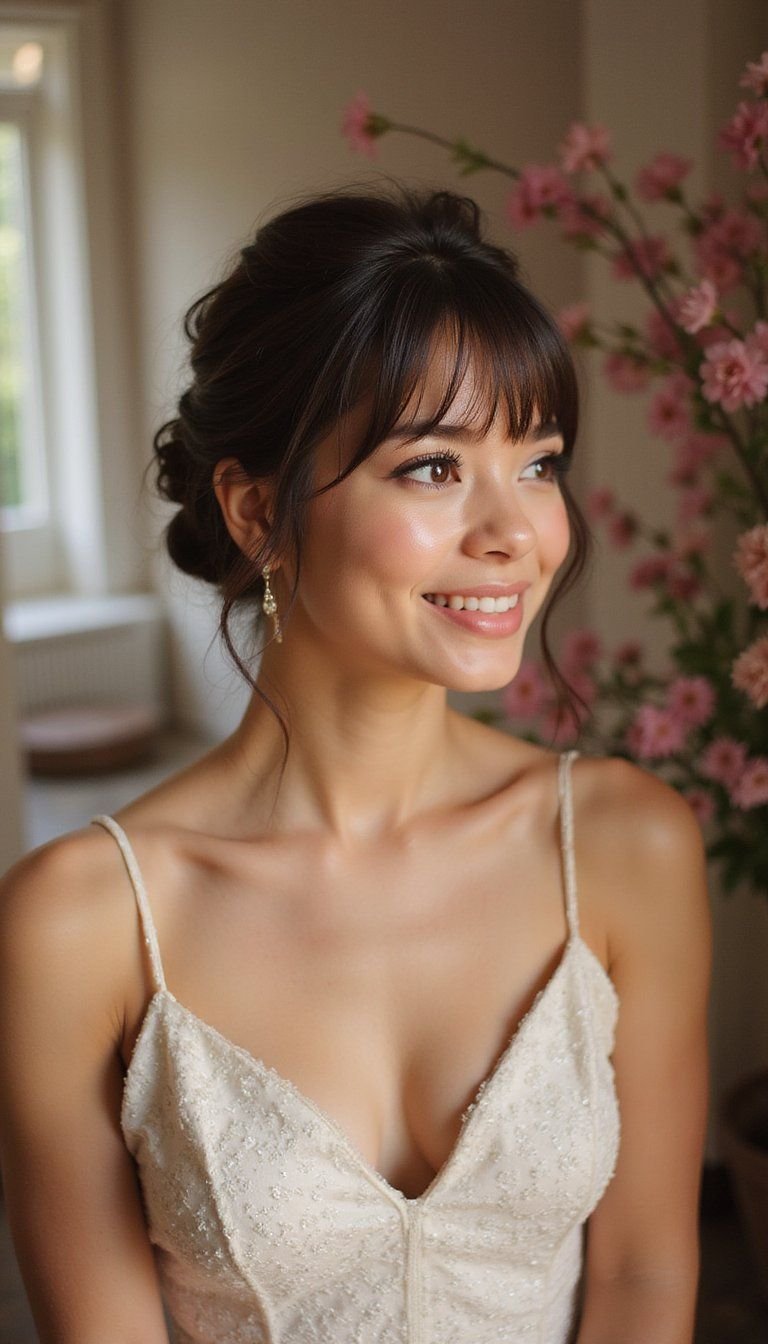 Soft Romantic Updo Paired With Feathered Bangs