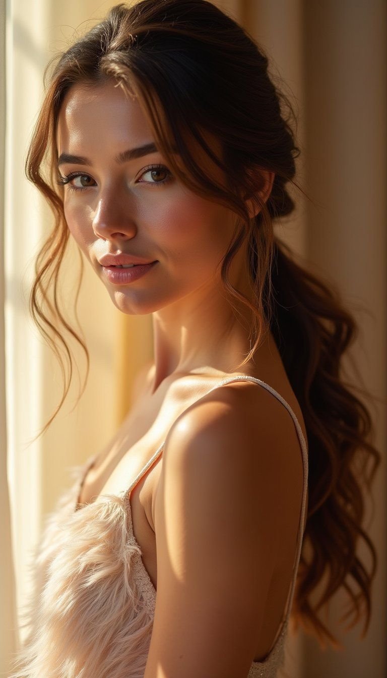 Feathered Layers With Low Ponytail And Soft Tendrils