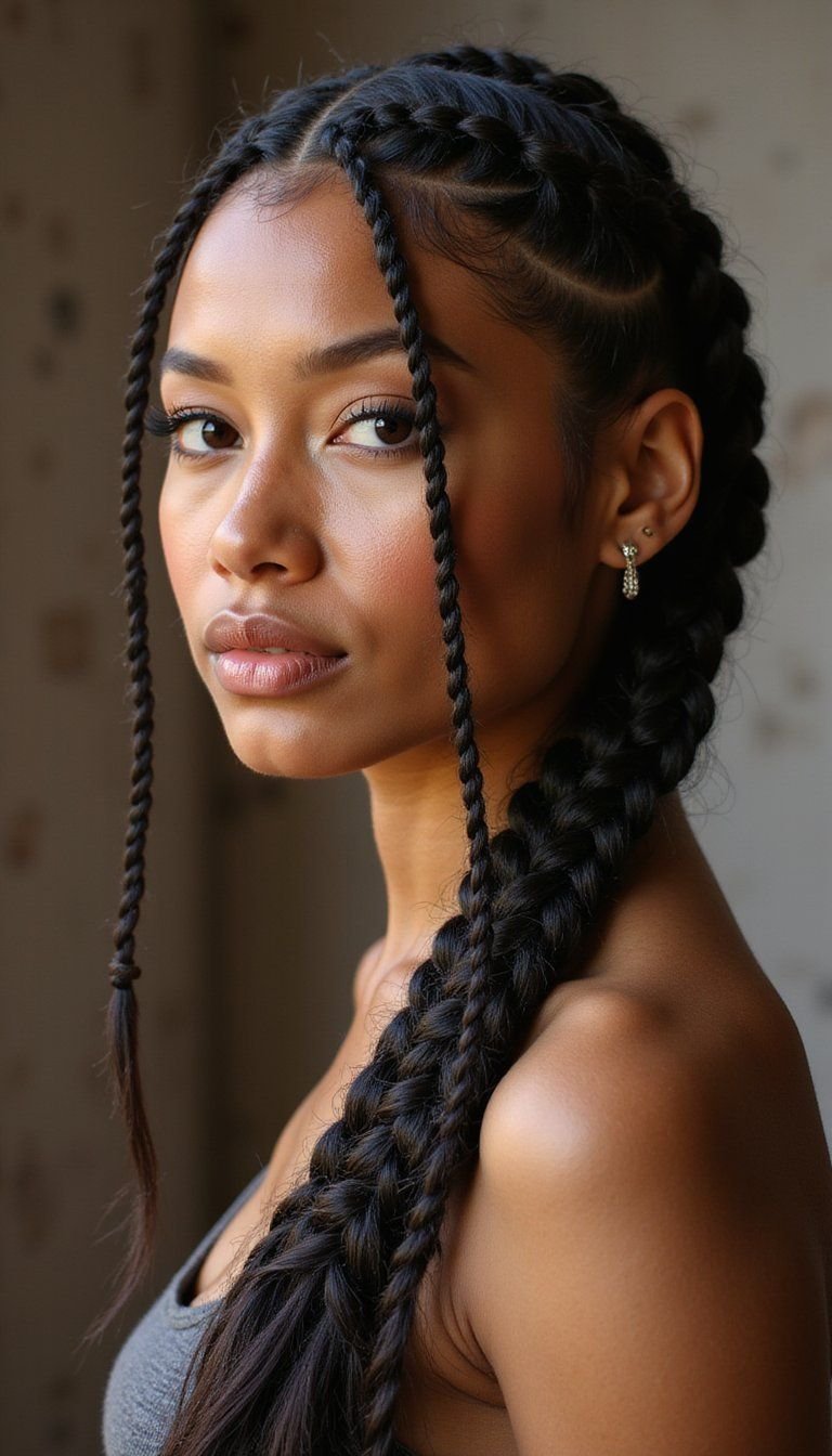 Asymmetrical Feed-In Cornrows Paired With Fade