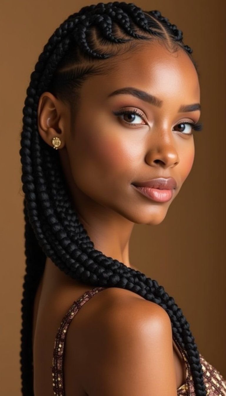Sleek Feed-In Cornrows With Intricate Edge Design