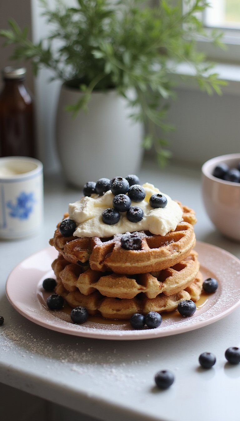 Blueberry Cornmeal Waffles With Mascarpone
