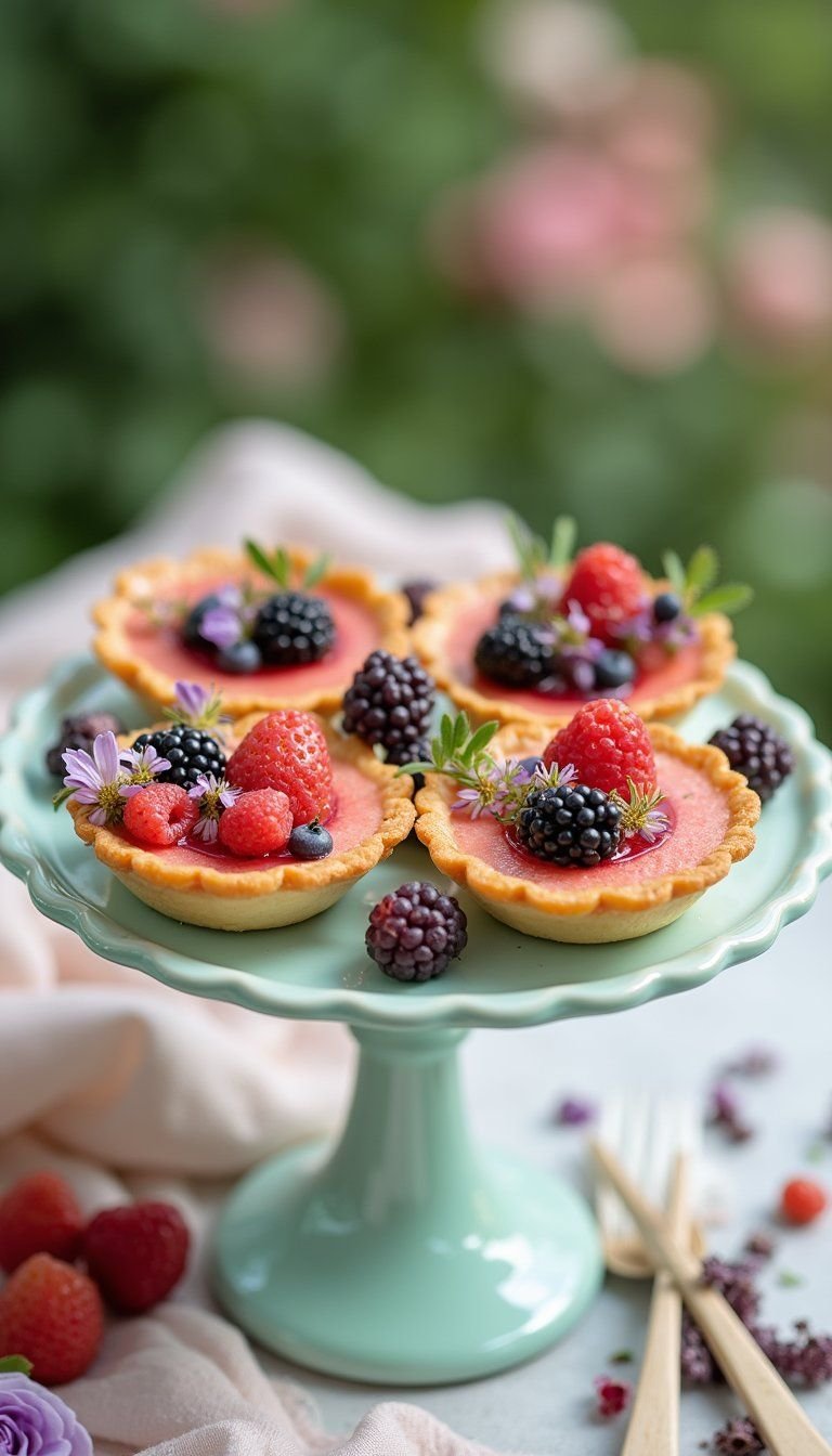 Floral Fruit Tartlets On Vintage Cake Stand Display