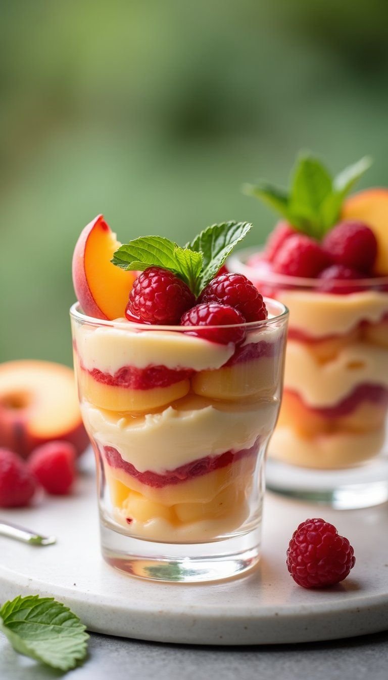 Peach Melba Mini Parfaits In Clear Glasses