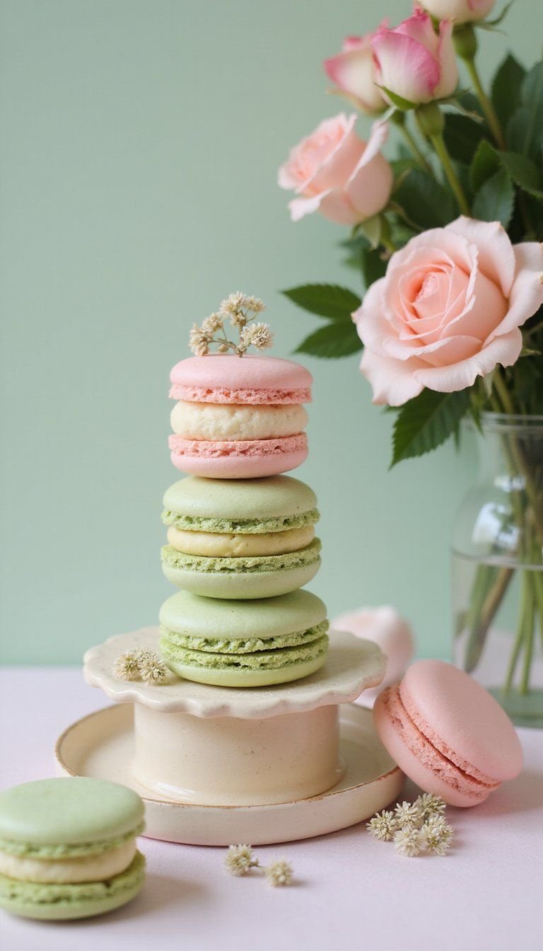 Pistachio Rose Macarons In Pastel Dessert Tower
